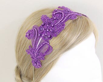 Purple Beaded  Lace Headband, Bridal Purple Lace Headband, Purple Lace Hair Band,Bridesmaid Headband, Flower Girl Headband