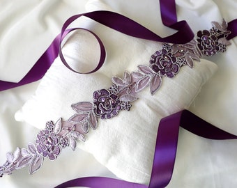 Plum and Lavender Flower Lace Sash, Purple Lace Headband, Bridal Headband, Bridesmaid Sash, Flower Girl Sash / SH77