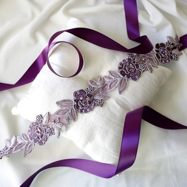 Plum and Lavender Flower Lace Sash, Purple Lace Headband, Bridal Headband, Bridesmaid Sash, Flower Girl Sash / SH77