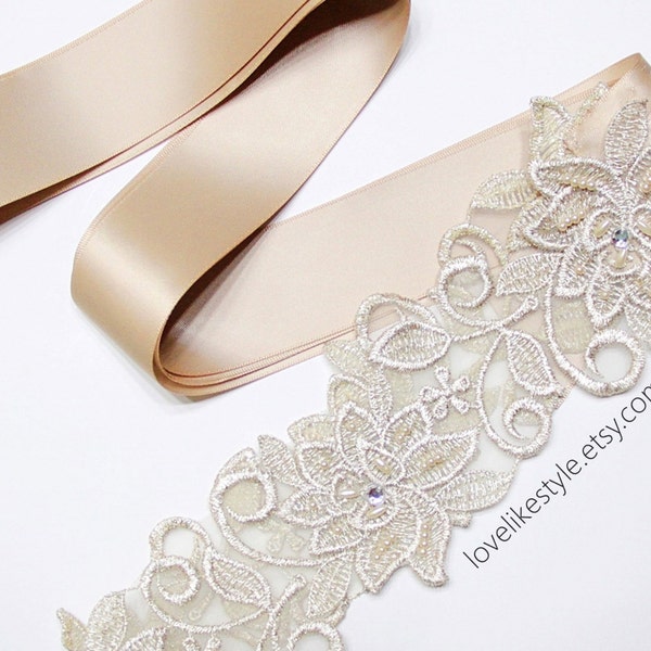 Light Gold Flower Metallic Lace with Champagne Satin Sash // Bridal Sash // SH-03