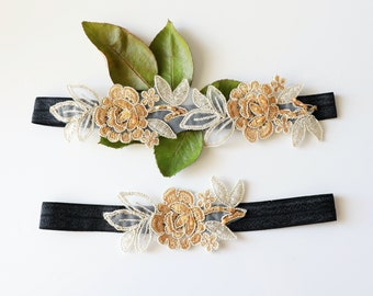 Black Wedding Garter, Light Gold and Tan Embroidery Flower Lace Wedding Garter with Black Elastic, Champagne Wedding Garter Set/ GT-34