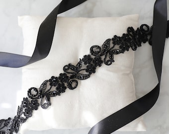 Black  Beaded Lace with Satin Ribbon Sash, Bridal Sash , Bridesmaid Sash, Head tie, Headband , Wedding Sash Belt, SH-41