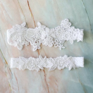 White Beaded Lace Wedding Garter Set: Bridal Garter