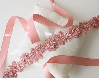 Dusty Rose Beaded Flower Lace Sash, Mauve Color Lace Sash Belt , Bridesmaid Rose Sash, Flower Girl Sash