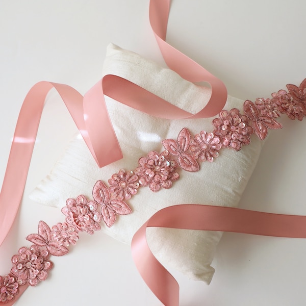 Dusty Rose Beaded Flower Lace Sash, Mauve Color Lace Sash Belt , Bridesmaid Rose Sash, Flower Girl Sash