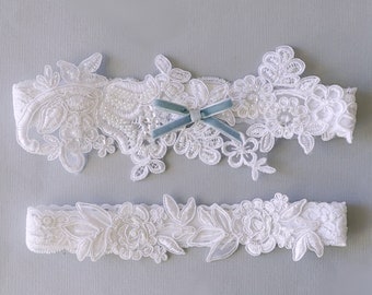 Iets blauwe bruiloft Kousenband, witte kralen Lace Kousenband set, bruids bruiloft Kousenband, bruiloft Kousenband set, witte bruiloft Kousenband