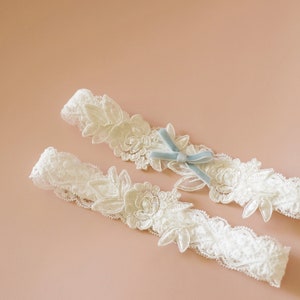 Something Blue Wedding Garter, Ivory Embroidery Flower Lace Wedding Garter Set, Ivory Garter Set, Wedding Toss Garter image 6
