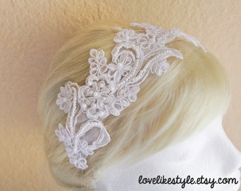 White Pearl Beading Lace Headband / Bridal White Headband, White Lace Head Piece