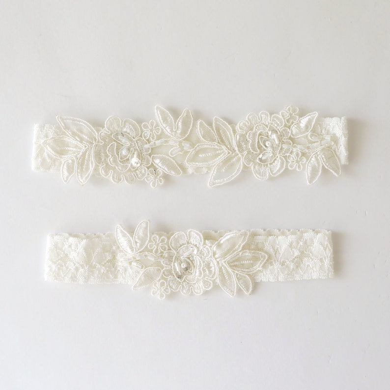 Wedding Garter, Ivory Embroidery Flower Lace Wedding Garter Set, Ivory Garter Set, Wedding Toss Garter 34A image 4