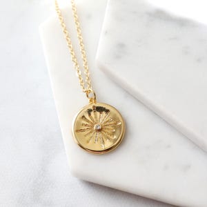 Gold Sunburst Coin Necklace: Dainty Layered Pendant