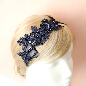 Navy Beaded Lace Headband, Navy Lace Head Piece, Bridal Navy Headband, Flower Girl Navy Headband