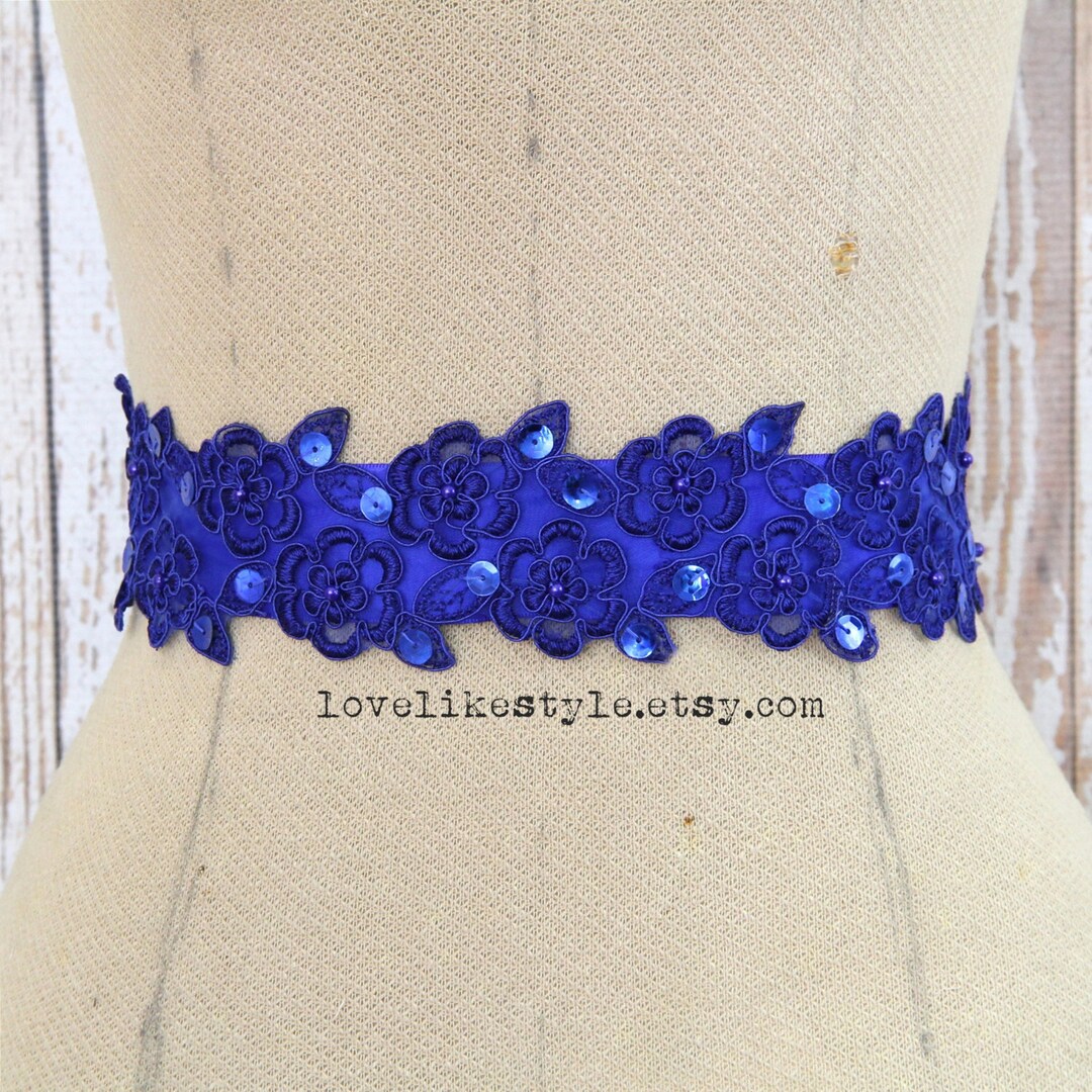 Royal Blue Beaded Flower Lace Sash Bridal Wide Sash Etsy