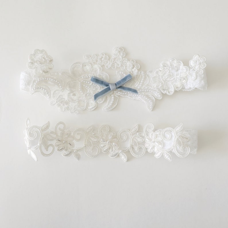 Something Blue Wedding Garter, Pearl Beaded Lace Wedding Garter Set, Ivory Lace Garter Set, Wedding Garter Set, Bridal Garter Belt / GT-81 image 4