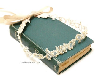 Gold Flower Pearl Lace Headband: Champagne Ribbon Bridal Sash