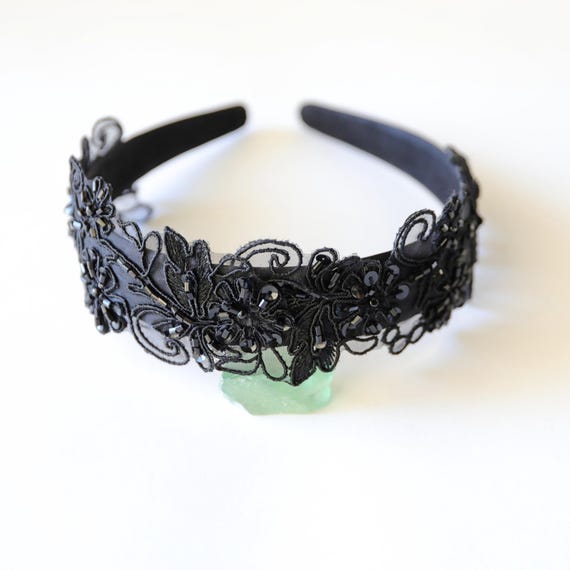 Black Beaded Lace Headband, Bridal Hair Accessory - Etsy Israel display picture 2