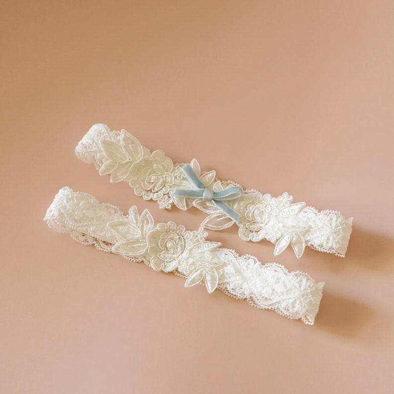 Something Blue Wedding Garter, Ivory Embroidery Flower Lace Wedding Garter Set, Ivory Garter Set, Wedding Toss Garter image 5