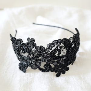Black  Lace Headband, Black Beaded Lace Headband , Bridal Black Headband, Bridesmaid Black Lace Headband, Black Lace Headband