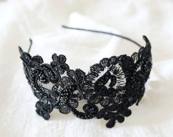 Black Lace Headband: Beaded Sequin Embroidery, Bridal Headpiece