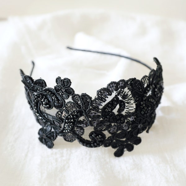 Black  Lace Headband, Black Beaded Lace Headband , Bridal Black Headband, Bridesmaid Black Lace Headband, Black Lace Headband