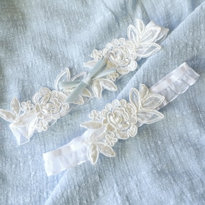 Ivory Lace Wedding Garter Set: Blue Velvet Bow, Floral Embroidery