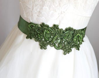 Olive Green Beaded Lace Bridal Sash: Alencon Flower Garden Wedding Belt