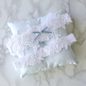 White Beaded Lace Wedding Garter Set: Something Blue Bridal Garter