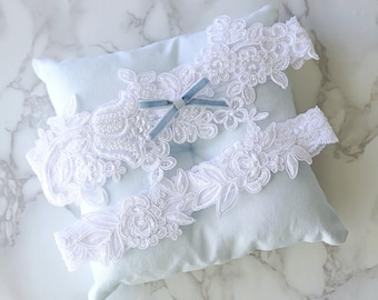 White Beaded Lace Wedding Garter Set: Something Blue Bridal Garter