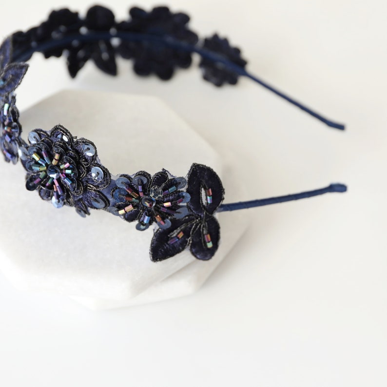 Navy Beaded Lace Headband Navy Hair Band Navy Head Etsy