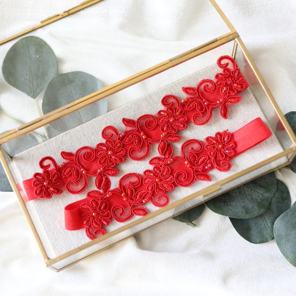 Red Wedding Garter,Red Embroidery Flower Lace Wedding Garter, Red Prom Garter Set, Red Garter Belt, Bridal Garter