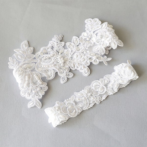 Wedding Garter Set,White Beaded Lace Garter Set,Bridal Wedding Grter,Wedding Garter Set, White Wedding Garter, Style No. 1805