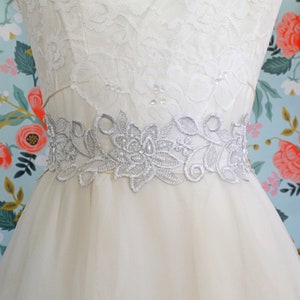 Silver Flower Lace Bridal Sash: Pearl Beaded Grey Satin Ribbon