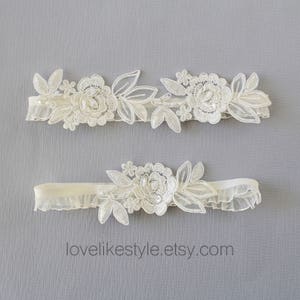 Wedding Garter Set, Ivory Embroidery Flower with Ruffle Elastic Garter Set,Ivory Garter Set, Prom  Garter Belt / GT-34A