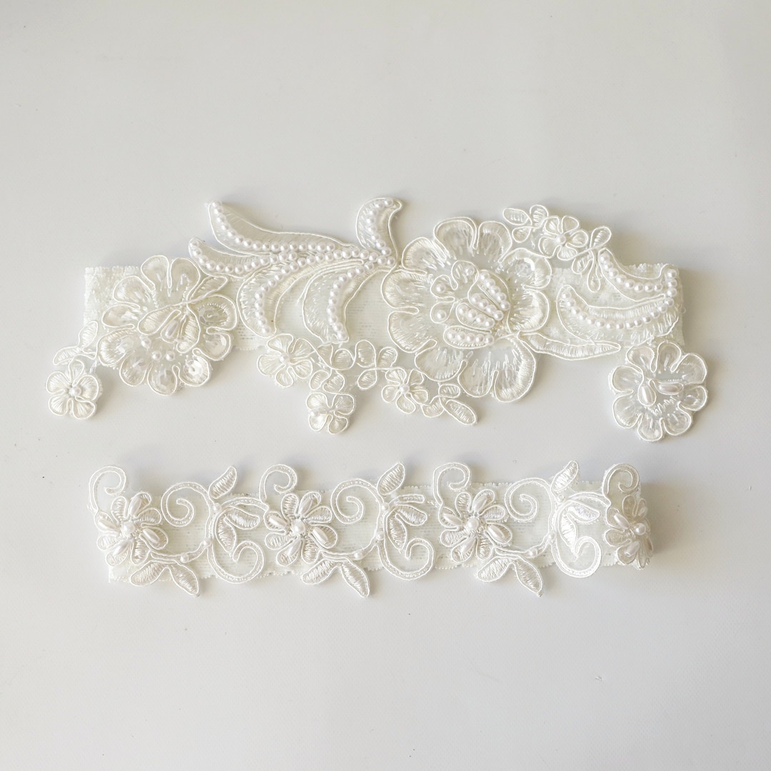 Pearl Beaded Lace Wedding Garter Set: Ivory Bridal Garter - Set of Garter(2), 23 inches