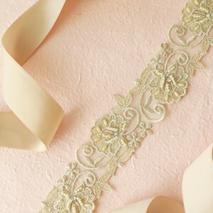 Light Gold Flower Beaded Lace With Champagne Satin Sash, Bridal ...