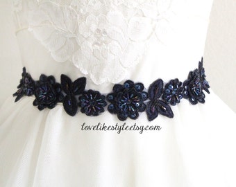 Navy  Beaded Lace Sash, Navy  Lace Headband ,  Bridal Headband, Bridesmaid Sash, Flower Girl Sash