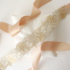 Light Gold Flower Beaded Lace With Champagne Satin Sash, Bridal ...