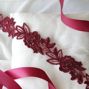 Burgundy Flower Beaded Lace Sash Belt, Wine Wedding Sash, Burgundy Lace Sash, Bridal Ivory Lace Sash,Flower Girl Sash image 5