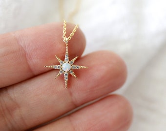 Dainty Opal North Star Charm Necklace, Gold Star Necklace, Bridesmaid Gift, Birthday Gift,Layered Necklace,Dainty Necklace