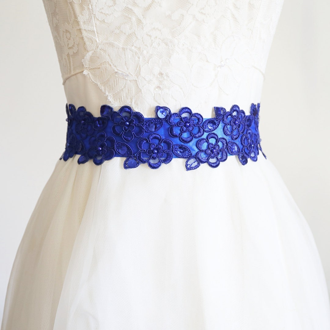 Royal Blue Beaded Flower Lace Sash, Bridal Wide Sash, Bridesmaid Sash ...
