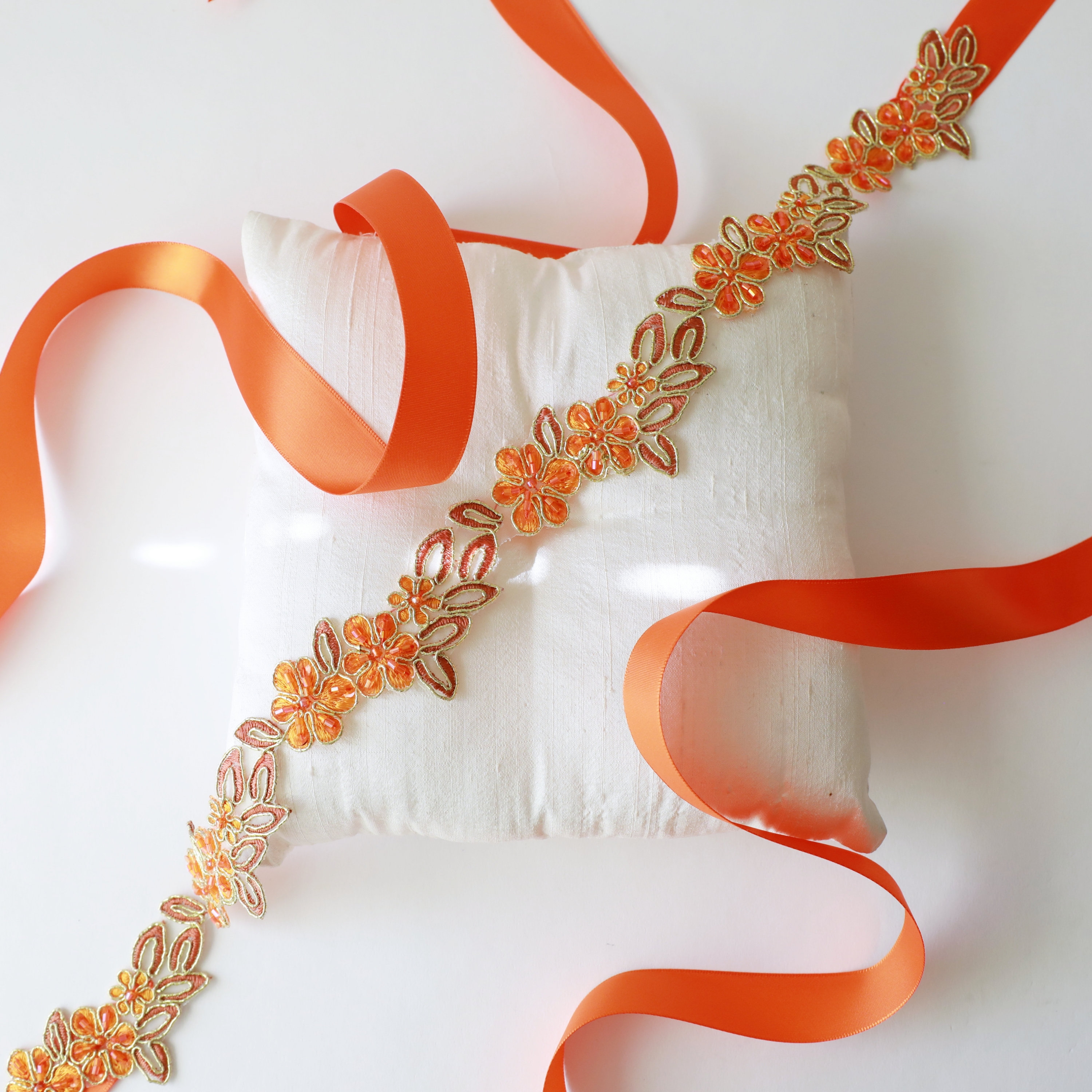 Orange Beaded Flower Lace Sash: Bridal Belt or Headband