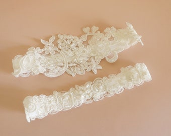 Pearl Beaded Lace Wedding Garter Set: Ivory Bridal Garter Belt