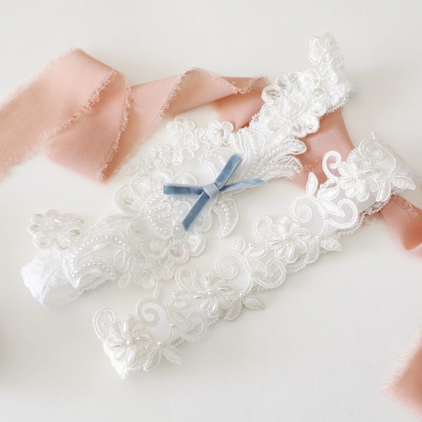 Something Blue Wedding Garter, Pearl Beaded Lace Wedding Garter Set, Ivory Lace Garter Set, Wedding Garter Set, Bridal Garter Belt / GT-81