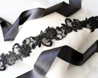 Black Beaded Lace Sash, Bridal Sash, Bridal Black Sash, Bridesmaid Sash,Flower Girl Sash, SH-45