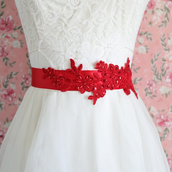 Red Beaded Lace Bridal Sash: Flower Girl Satin Ribbon Belt  display picture 1