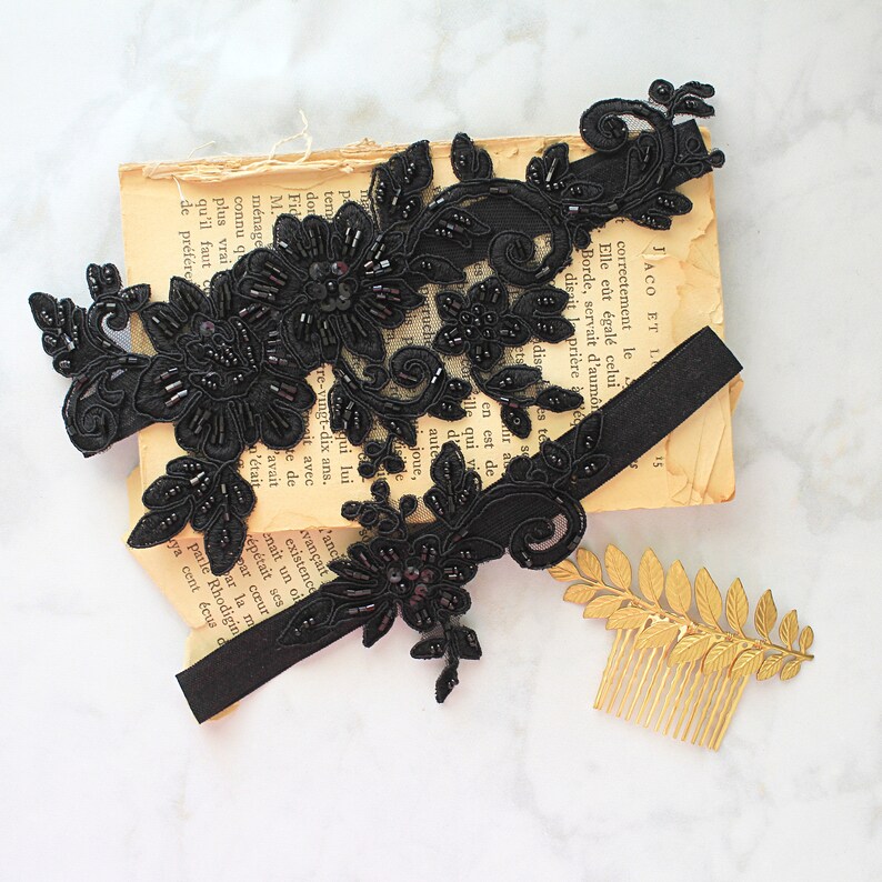 Ivory Wedding Garter 1804 Black Beaded Lace Garter Set,Bridal Wedding Grter,Wedding Garter Set Wedding Garter Set