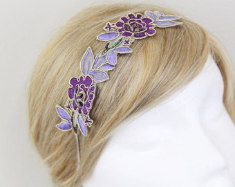 Purple and Lavender Beaded Flower Lace Headband,Bridal Purple Headband, Bridesmaid Headband, Purple Hair Band