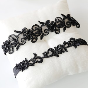 Wedding Garter Set, Black Beaded Lace Wedding Garter Set, Black Flower Lace Garter Set, Black Toss Garter