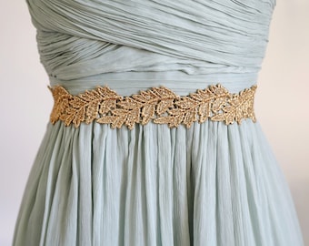 Gold Leaf Wedding Sash: Metallic Lace Bridal Belt, Champagne Ribbon