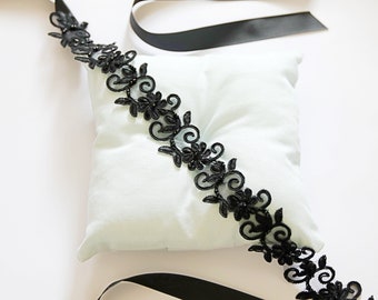 Black Beaded Lace Bridal Sash: Satin Ribbon Tie, Flower Girl, Headband