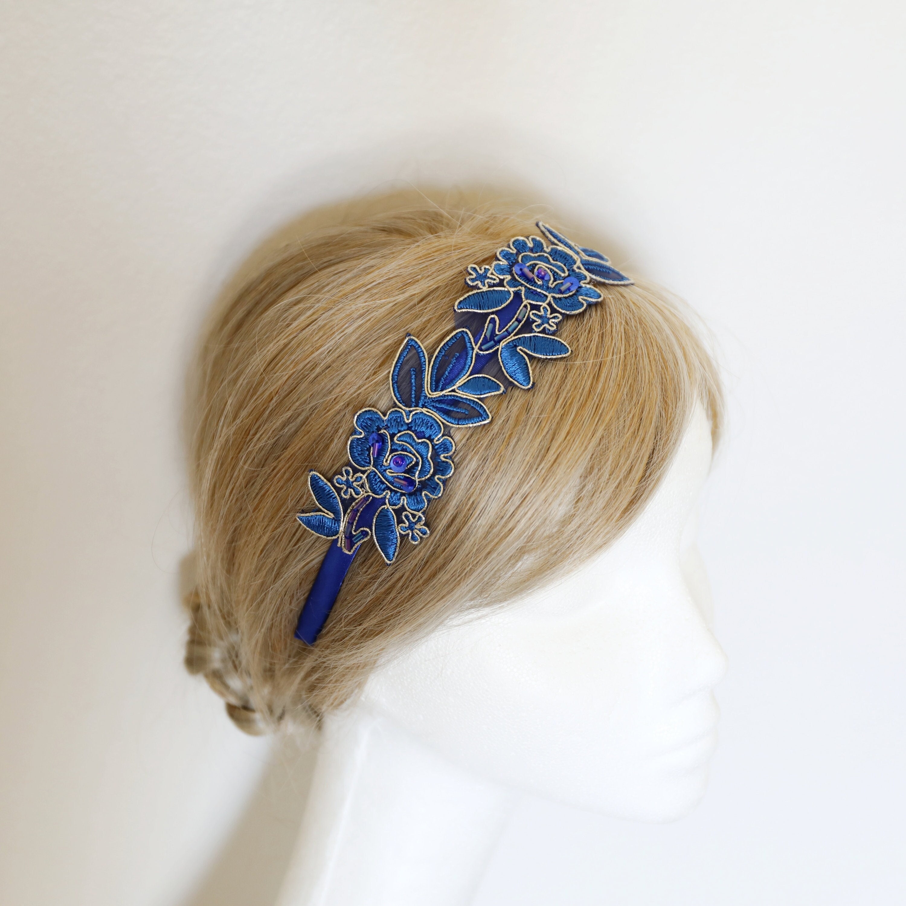 New handmade boutique rhinestone floral fancy flexible headband blue Your one-stop shop for wholesale - Faire main image 4